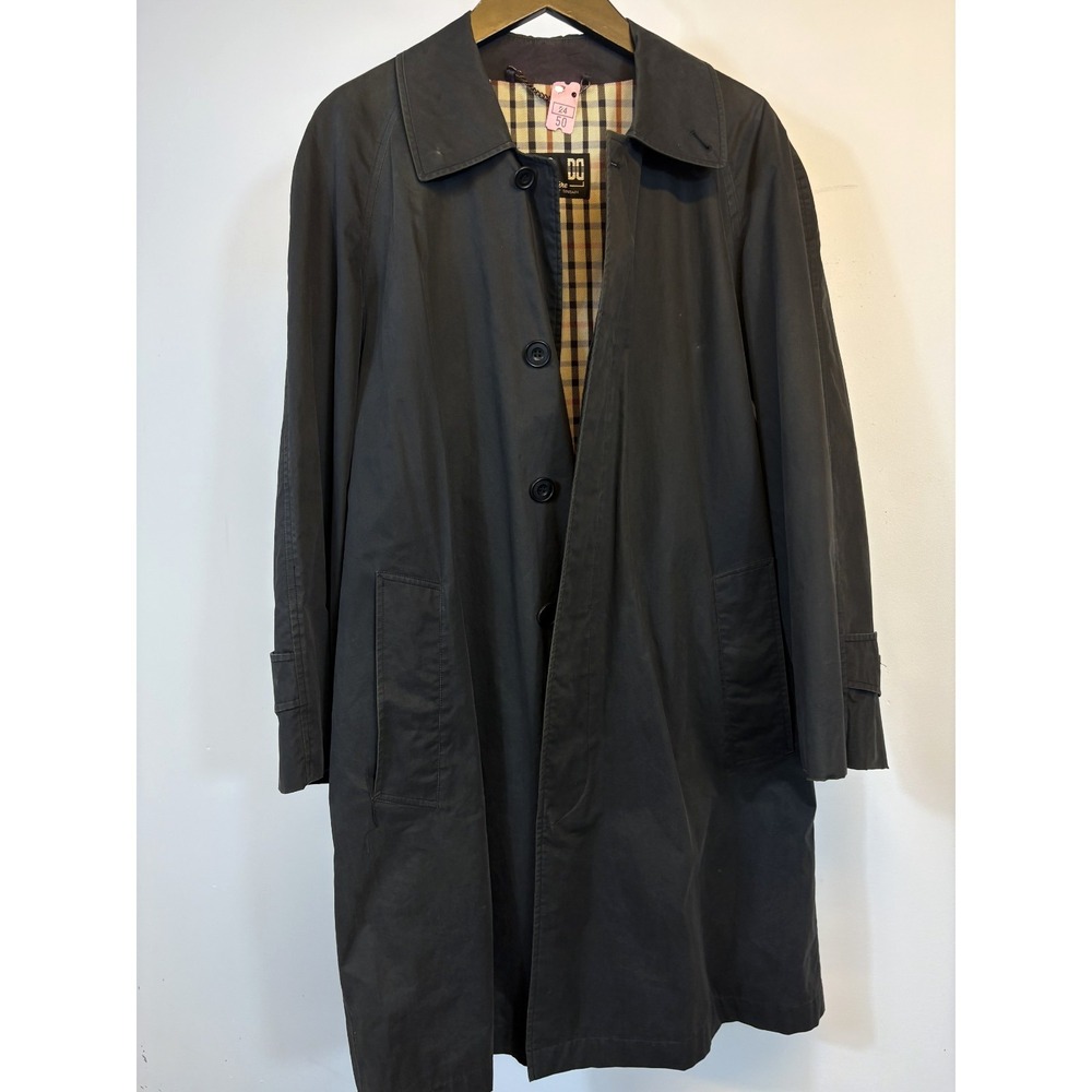Vtg Daks DD London Signature Mens Black Trench Coat Plaid Lining Preppy Med